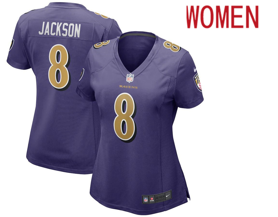 Women Baltimore Ravens #8 Lamar Jackson Nike Purple Alternate Game Player NFL Jersey->women nfl jersey->Women Jersey